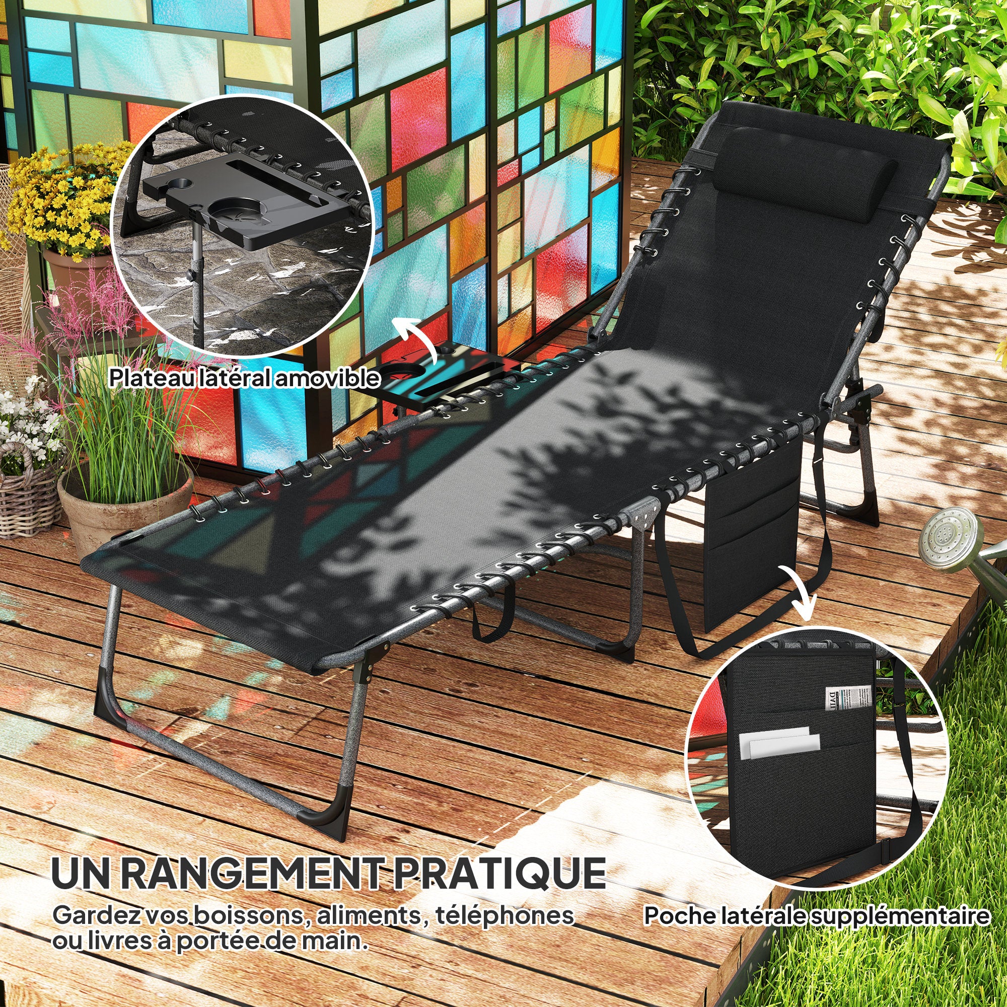 Folding sun lounger chair with tray, headrest, side pocket, reclining Oxford 600D sun lounger, outdoor garden sun lounger for camping pool terrace 60x190x31cm black