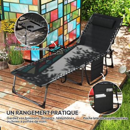 Folding sun lounger chair with tray, headrest, side pocket, reclining Oxford 600D sun lounger, outdoor garden sun lounger for camping pool terrace 60x190x31cm black