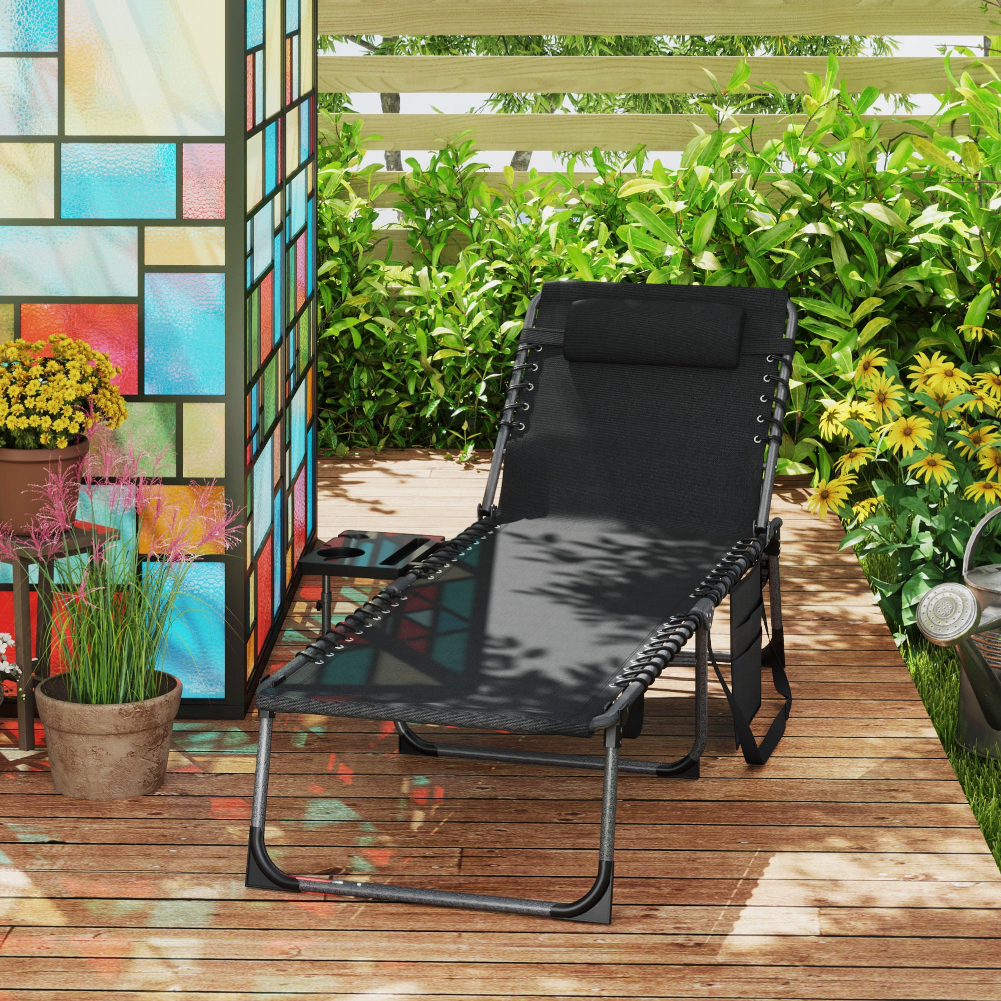 Folding sun lounger chair with tray, headrest, side pocket, reclining Oxford 600D sun lounger, outdoor garden sun lounger for camping pool terrace 60x190x31cm black