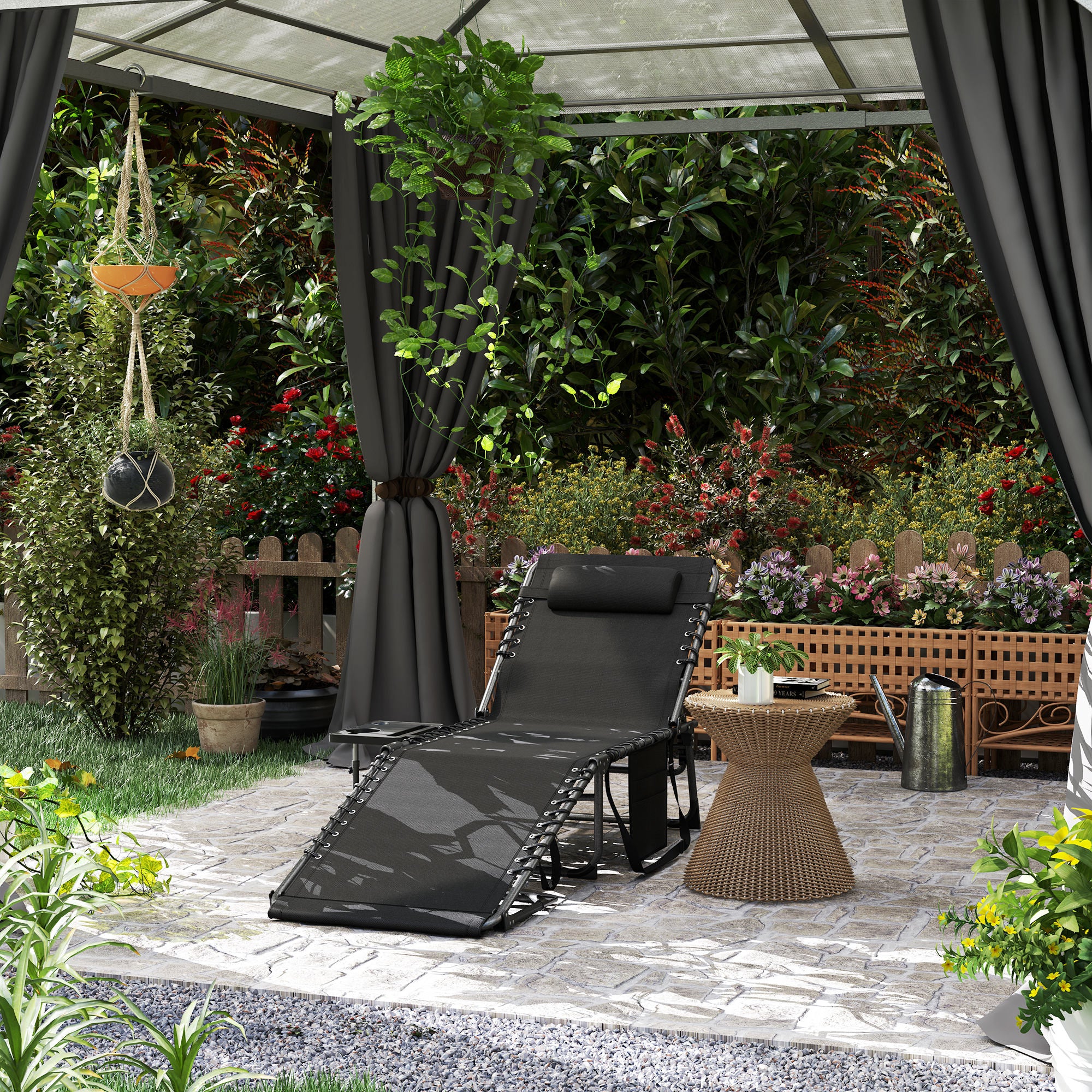 Folding sun lounger chair with tray, headrest, side pocket, reclining Oxford 600D sun lounger, outdoor garden sun lounger for camping pool terrace 60x190x31cm black