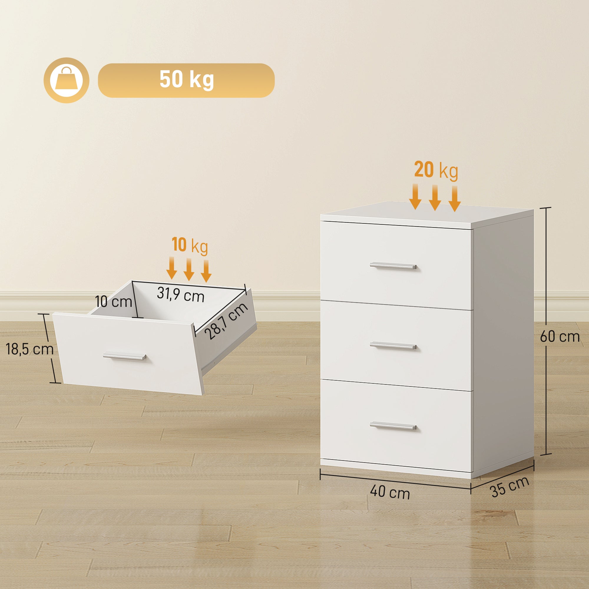 Nightstand with 3 Drawers, Bedroom Bedside Cabinet, MDF, White