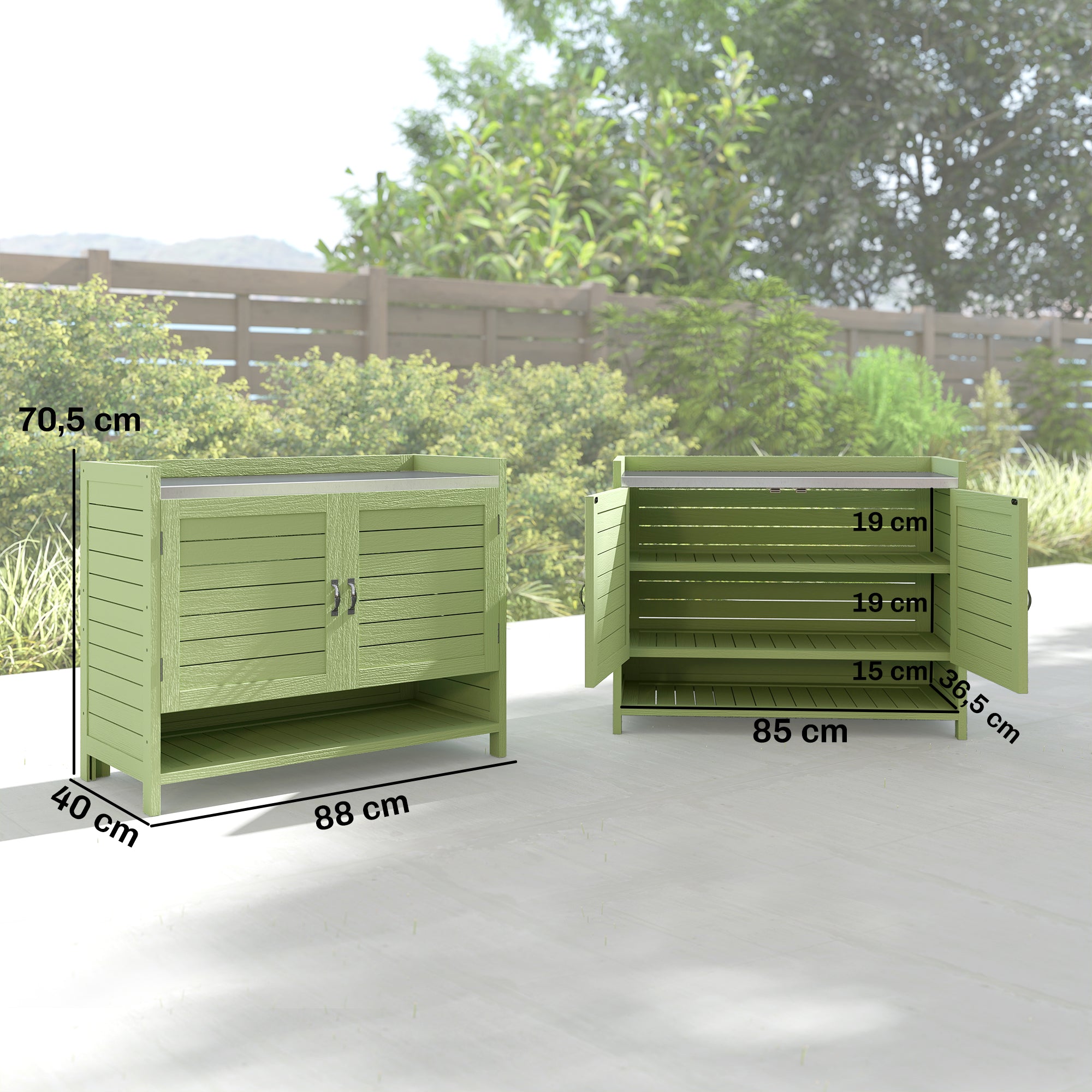Pine Potting Bench with Cabinet and Galvanized Worktop, 3 Shelves, Double Doors — Weatherproof Garden Table for Patio, Balcony, Porch (Green) — 88 x 40 x 70.5 cm