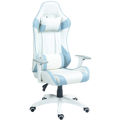 Reclining Gaming Chair Swivel Gamer Chair Professional with Lumbar Cushion 3D Armrests Removable Headrest and Adjustable Height White and Blue