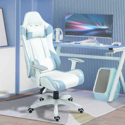 Reclining Gaming Chair Swivel Gamer Chair Professional with Lumbar Cushion 3D Armrests Removable Headrest and Adjustable Height White and Blue