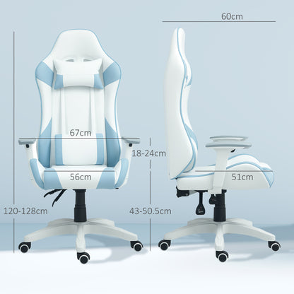 Reclining Gaming Chair Swivel Gamer Chair Professional with Lumbar Cushion 3D Armrests Removable Headrest and Adjustable Height White and Blue