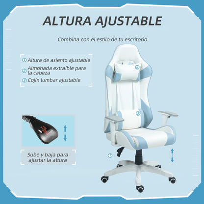 Reclining Gaming Chair Swivel Gamer Chair Professional with Lumbar Cushion 3D Armrests Removable Headrest and Adjustable Height White and Blue