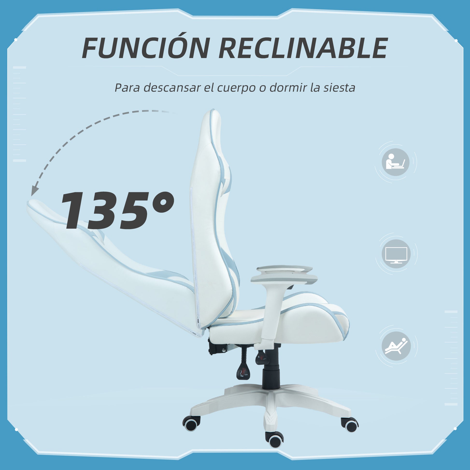 Reclining Gaming Chair Swivel Gamer Chair Professional with Lumbar Cushion 3D Armrests Removable Headrest and Adjustable Height White and Blue