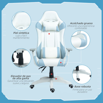 Reclining Gaming Chair Swivel Gamer Chair Professional with Lumbar Cushion 3D Armrests Removable Headrest and Adjustable Height White and Blue