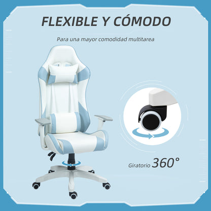 Reclining Gaming Chair Swivel Gamer Chair Professional with Lumbar Cushion 3D Armrests Removable Headrest and Adjustable Height White and Blue