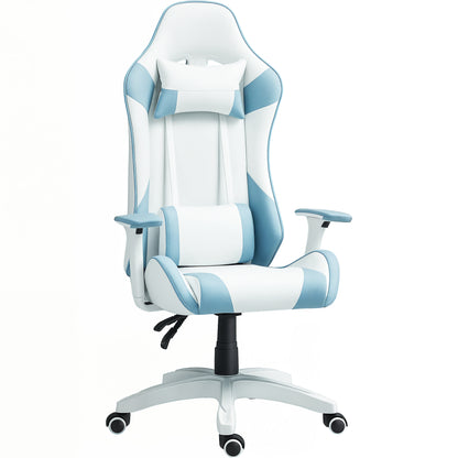 Reclining Gaming Chair Swivel Gamer Chair Professional with Lumbar Cushion 3D Armrests Removable Headrest and Adjustable Height White and Blue