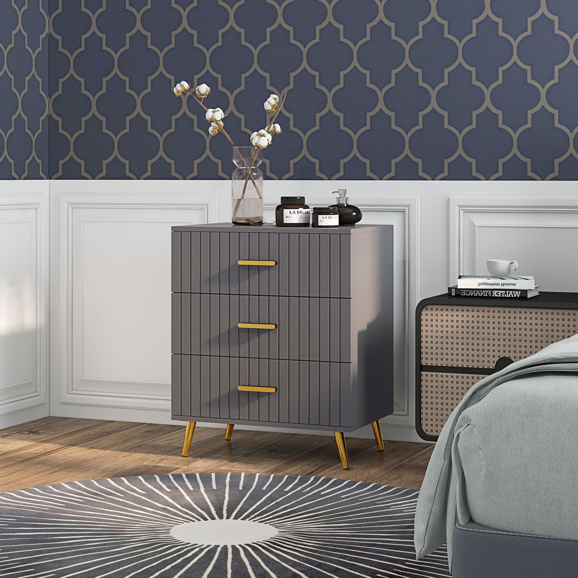 3-Drawer Modern Anti-Tip Dresser, Wood and Aluminum Dresser, 60x40x71.5 cm, Gold and Dark Grey