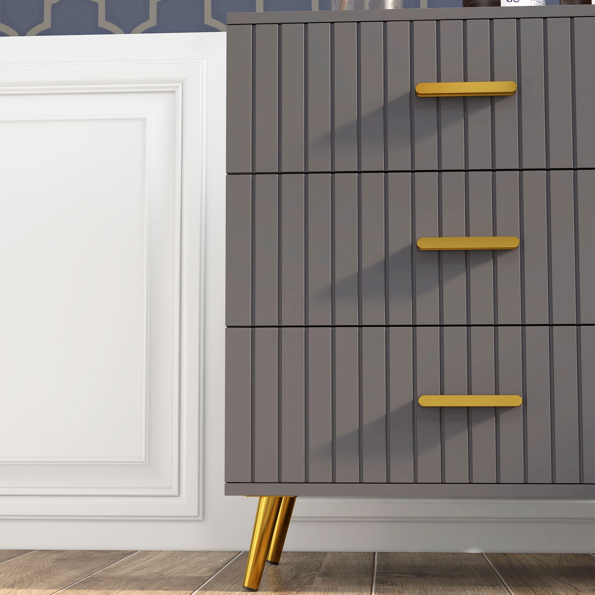 3-Drawer Modern Anti-Tip Dresser, Wood and Aluminum Dresser, 60x40x71.5 cm, Gold and Dark Grey