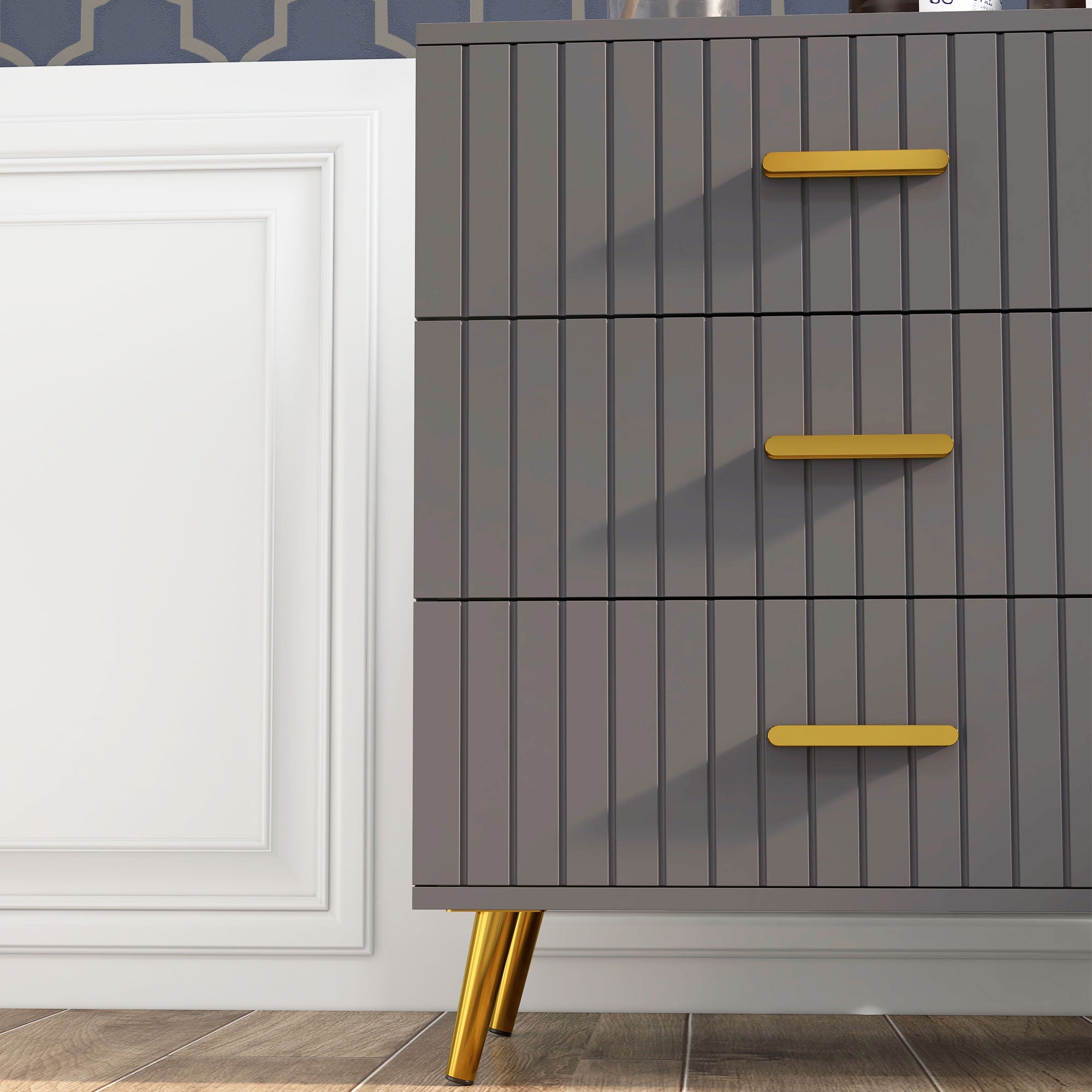 3-Drawer Modern Anti-Tip Dresser, Wood and Aluminum Dresser, 60x40x71.5 cm, Gold and Dark Grey
