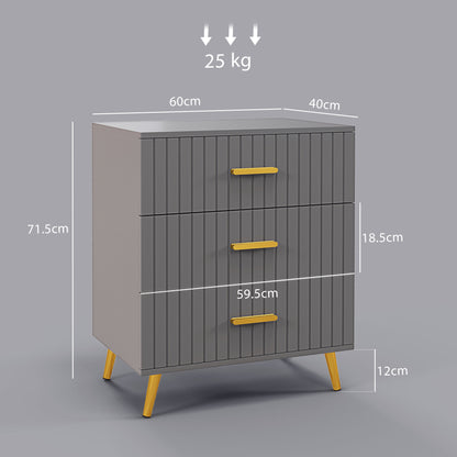 3-Drawer Modern Anti-Tip Dresser, Wood and Aluminum Dresser, 60x40x71.5 cm, Gold and Dark Grey