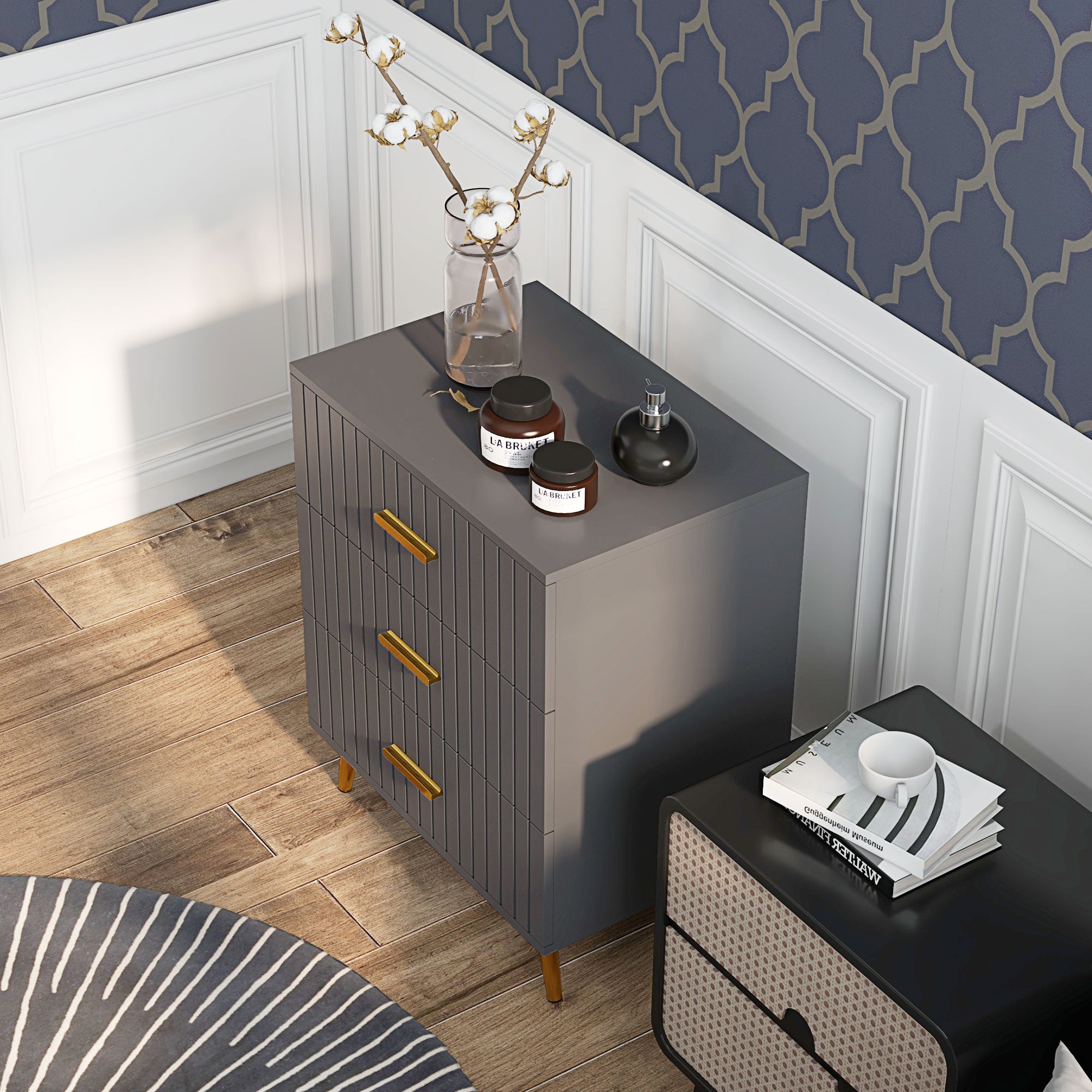 3-Drawer Modern Anti-Tip Dresser, Wood and Aluminum Dresser, 60x40x71.5 cm, Gold and Dark Grey