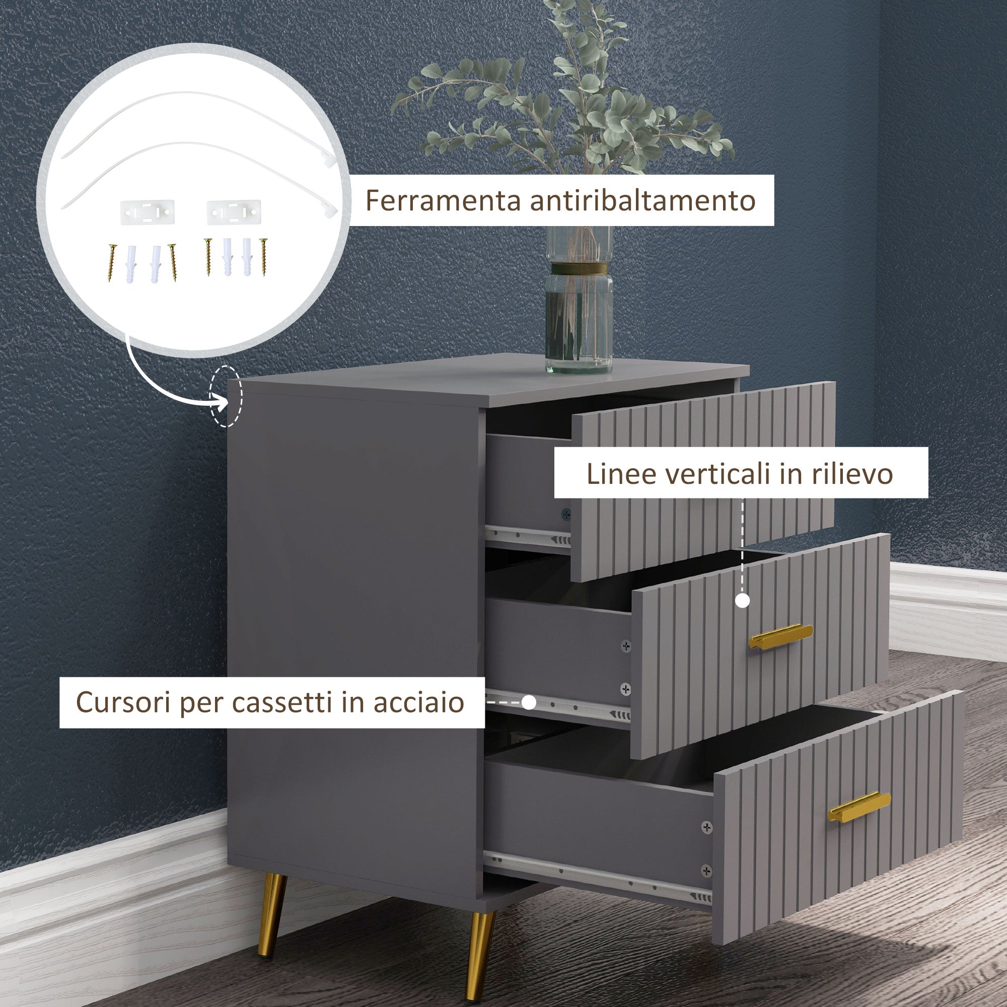 3-Drawer Modern Anti-Tip Dresser, Wood and Aluminum Dresser, 60x40x71.5 cm, Gold and Dark Grey