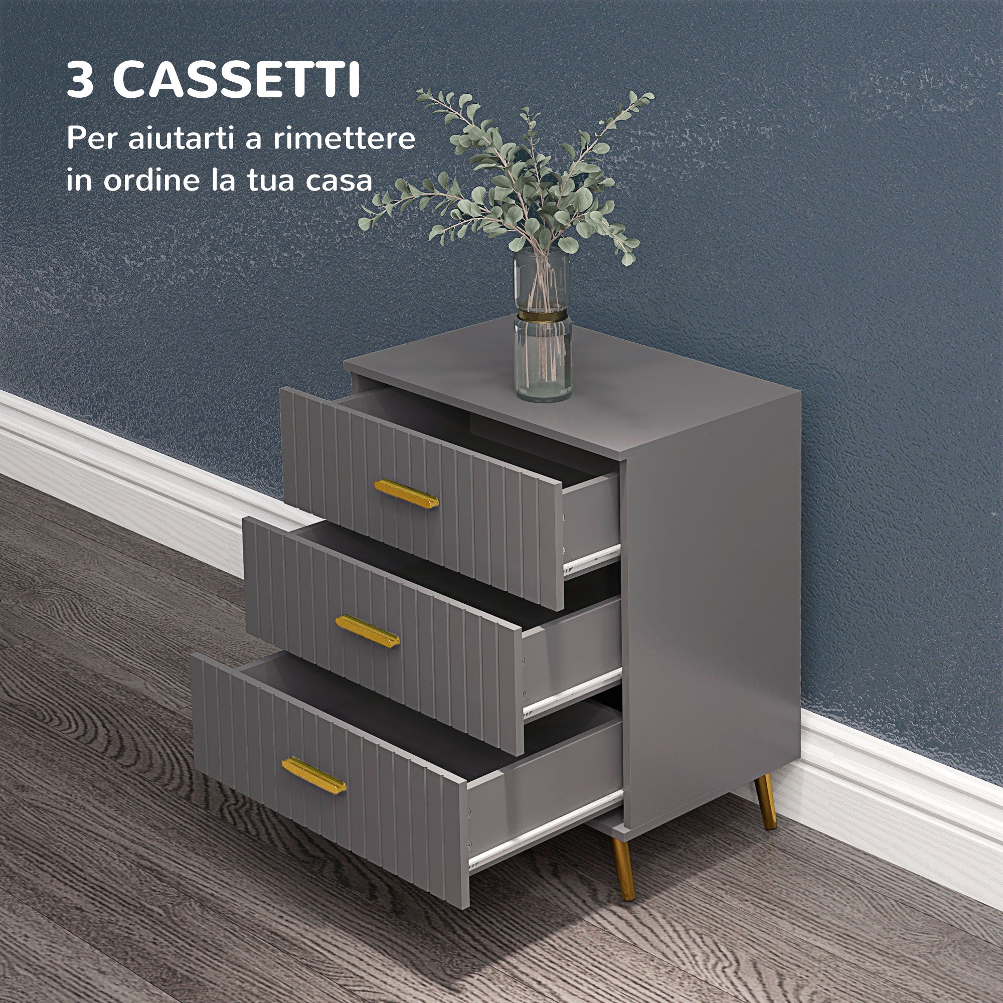 3-Drawer Modern Anti-Tip Dresser, Wood and Aluminum Dresser, 60x40x71.5 cm, Gold and Dark Grey