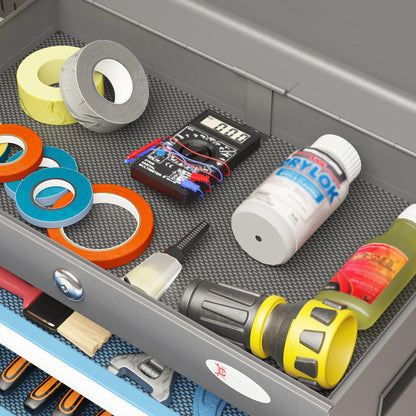 Metal Toolbox Tool Case with 4 Drawers Top Tray Lock and Side Handles Load 20 kg 45x24.5x32.5 cm Gray and Blue