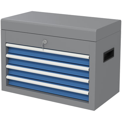 Metal Toolbox Tool Case with 4 Drawers Top Tray Lock and Side Handles Load 20 kg 45x24.5x32.5 cm Gray and Blue