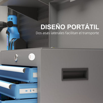 Metal Toolbox Tool Case with 4 Drawers Top Tray Lock and Side Handles Load 20 kg 45x24.5x32.5 cm Gray and Blue