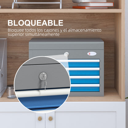 Metal Toolbox Tool Case with 4 Drawers Top Tray Lock and Side Handles Load 20 kg 45x24.5x32.5 cm Gray and Blue