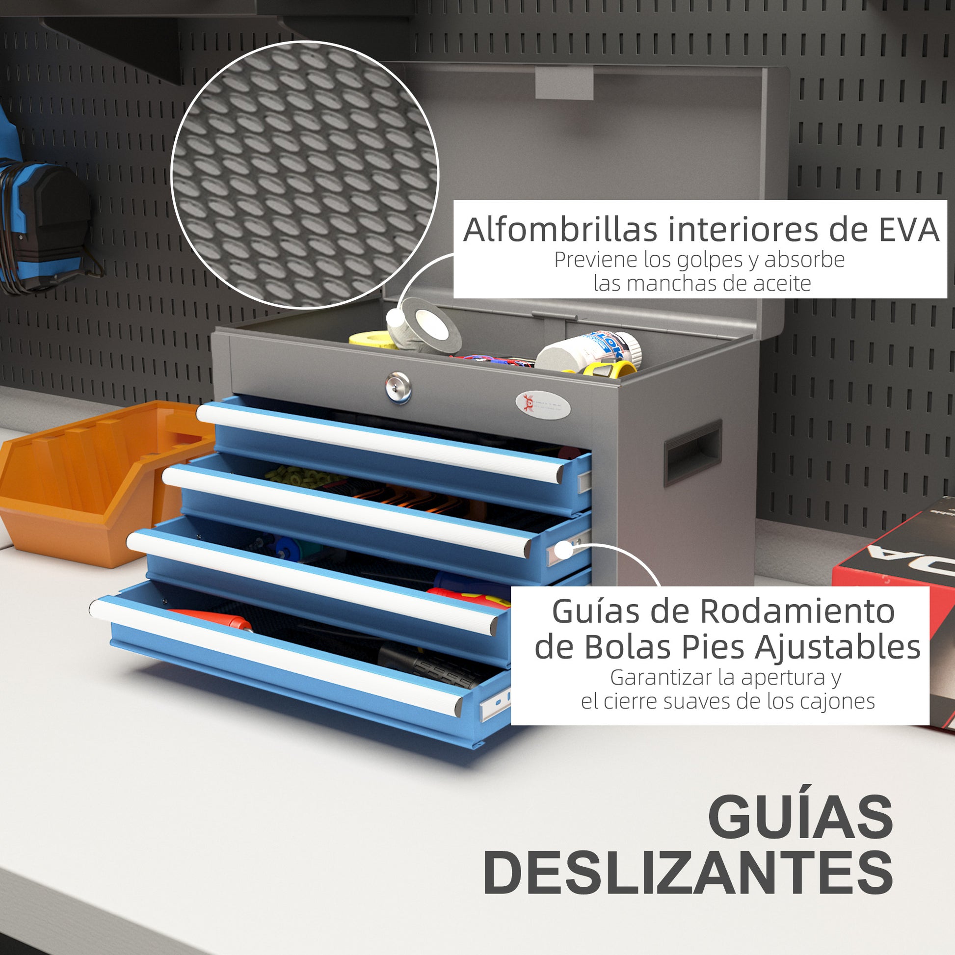 Metal Toolbox Tool Case with 4 Drawers Top Tray Lock and Side Handles Load 20 kg 45x24.5x32.5 cm Gray and Blue