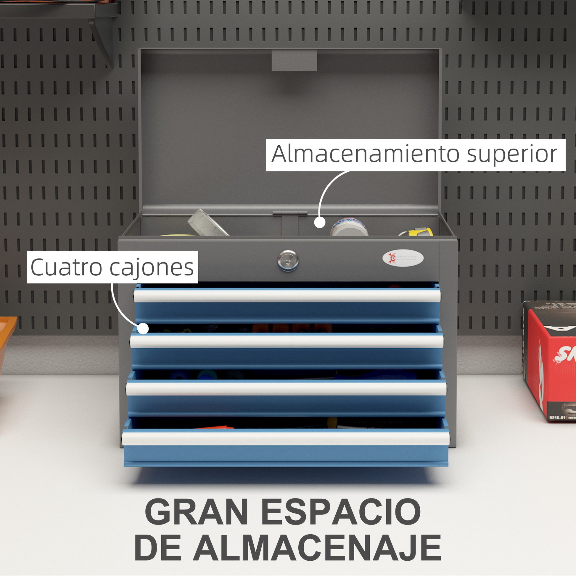 Metal Toolbox Tool Case with 4 Drawers Top Tray Lock and Side Handles Load 20 kg 45x24.5x32.5 cm Gray and Blue