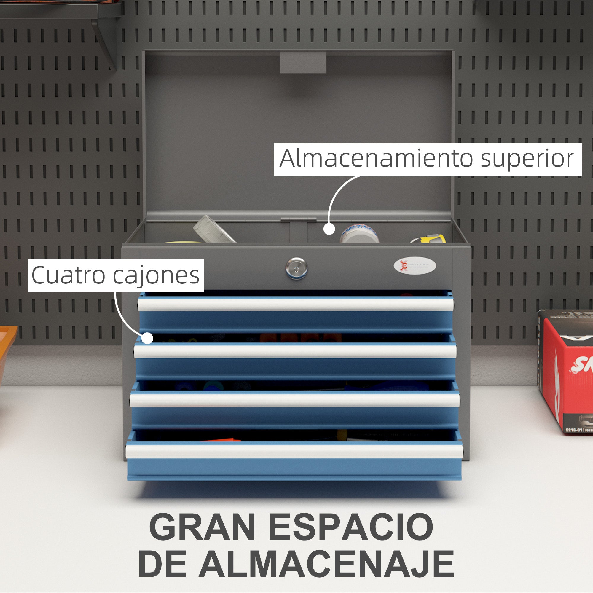 Metal Toolbox Tool Case with 4 Drawers Top Tray Lock and Side Handles Load 20 kg 45x24.5x32.5 cm Gray and Blue