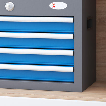 Metal Toolbox Tool Case with 4 Drawers Top Tray Lock and Side Handles Load 20 kg 45x24.5x32.5 cm Gray and Blue