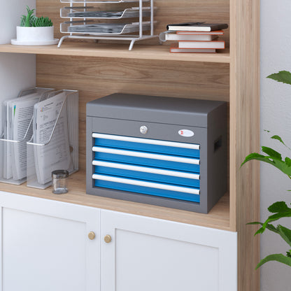 Metal Toolbox Tool Case with 4 Drawers Top Tray Lock and Side Handles Load 20 kg 45x24.5x32.5 cm Gray and Blue