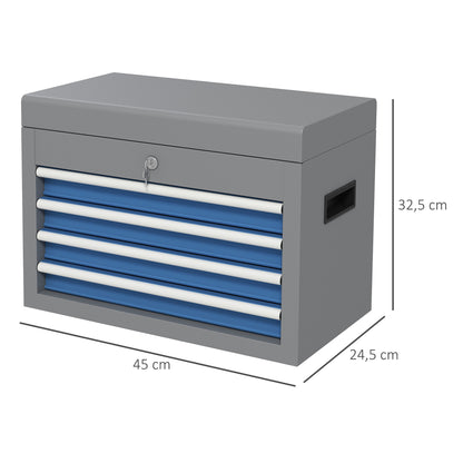 Metal Toolbox Tool Case with 4 Drawers Top Tray Lock and Side Handles Load 20 kg 45x24.5x32.5 cm Gray and Blue