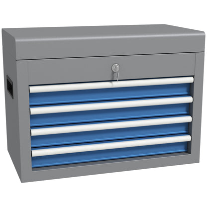 Metal Toolbox Tool Case with 4 Drawers Top Tray Lock and Side Handles Load 20 kg 45x24.5x32.5 cm Gray and Blue