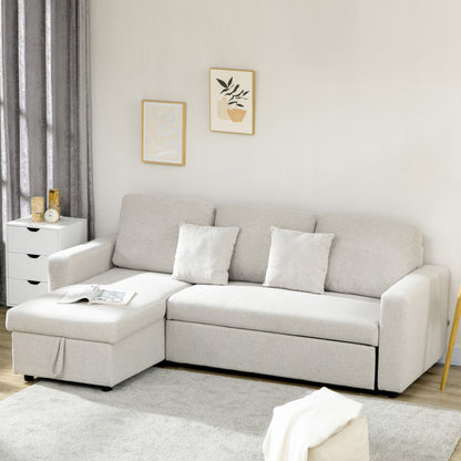 Corner Sofa with Bed Function, L-Shaped Couch including 2-Seater Sofa, Single Bed, L-Form Sleeper Sofa with Storage, 2 Linen-Style Cushions for Cream White Living Room
