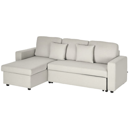 Corner Sofa with Bed Function, L-Shaped Couch including 2-Seater Sofa, Single Bed, L-Form Sleeper Sofa with Storage, 2 Linen-Style Cushions for Cream White Living Room
