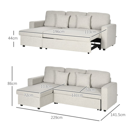 Corner Sofa with Bed Function, L-Shaped Couch including 2-Seater Sofa, Single Bed, L-Form Sleeper Sofa with Storage, 2 Linen-Style Cushions for Cream White Living Room