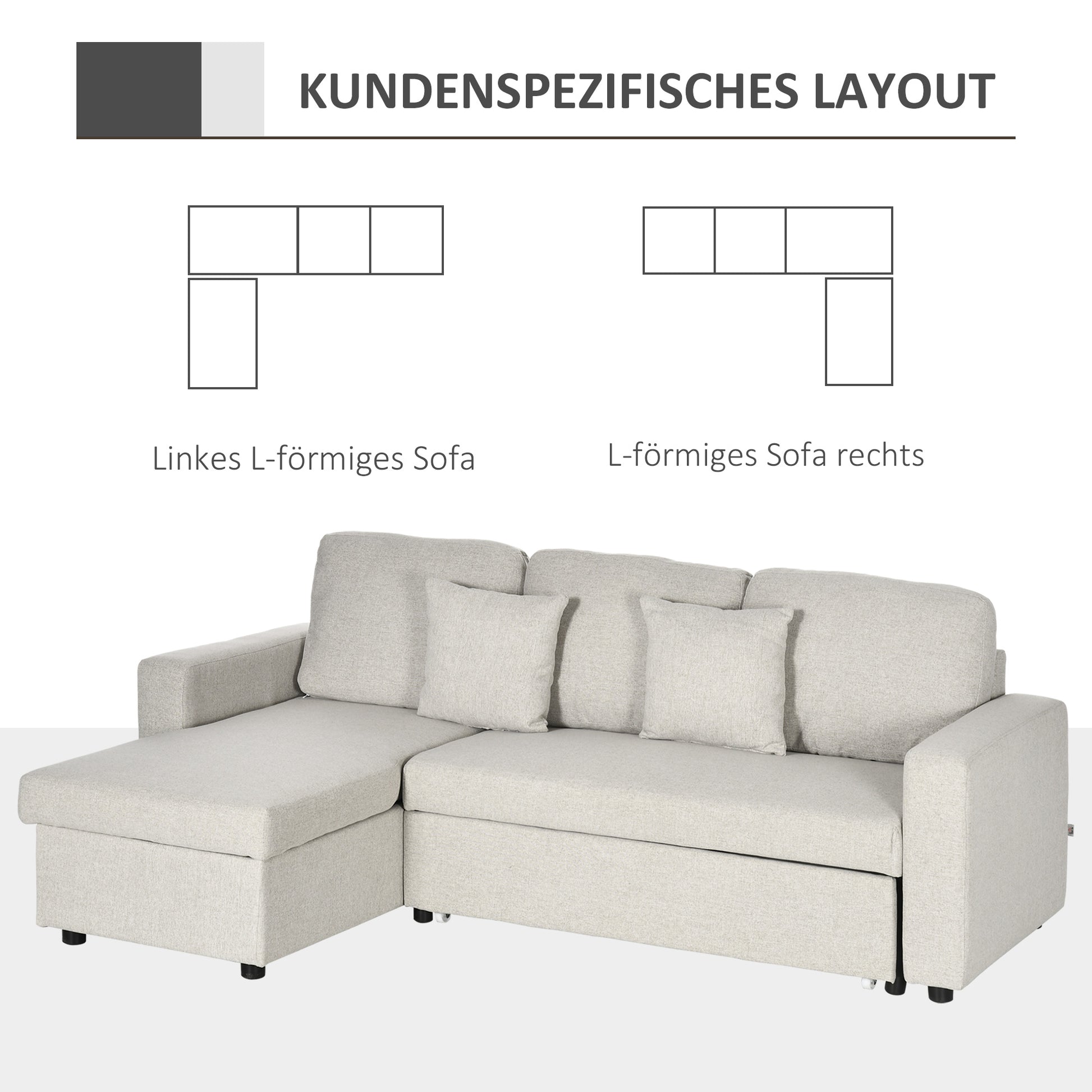 Corner Sofa with Bed Function, L-Shaped Couch including 2-Seater Sofa, Single Bed, L-Form Sleeper Sofa with Storage, 2 Linen-Style Cushions for Cream White Living Room