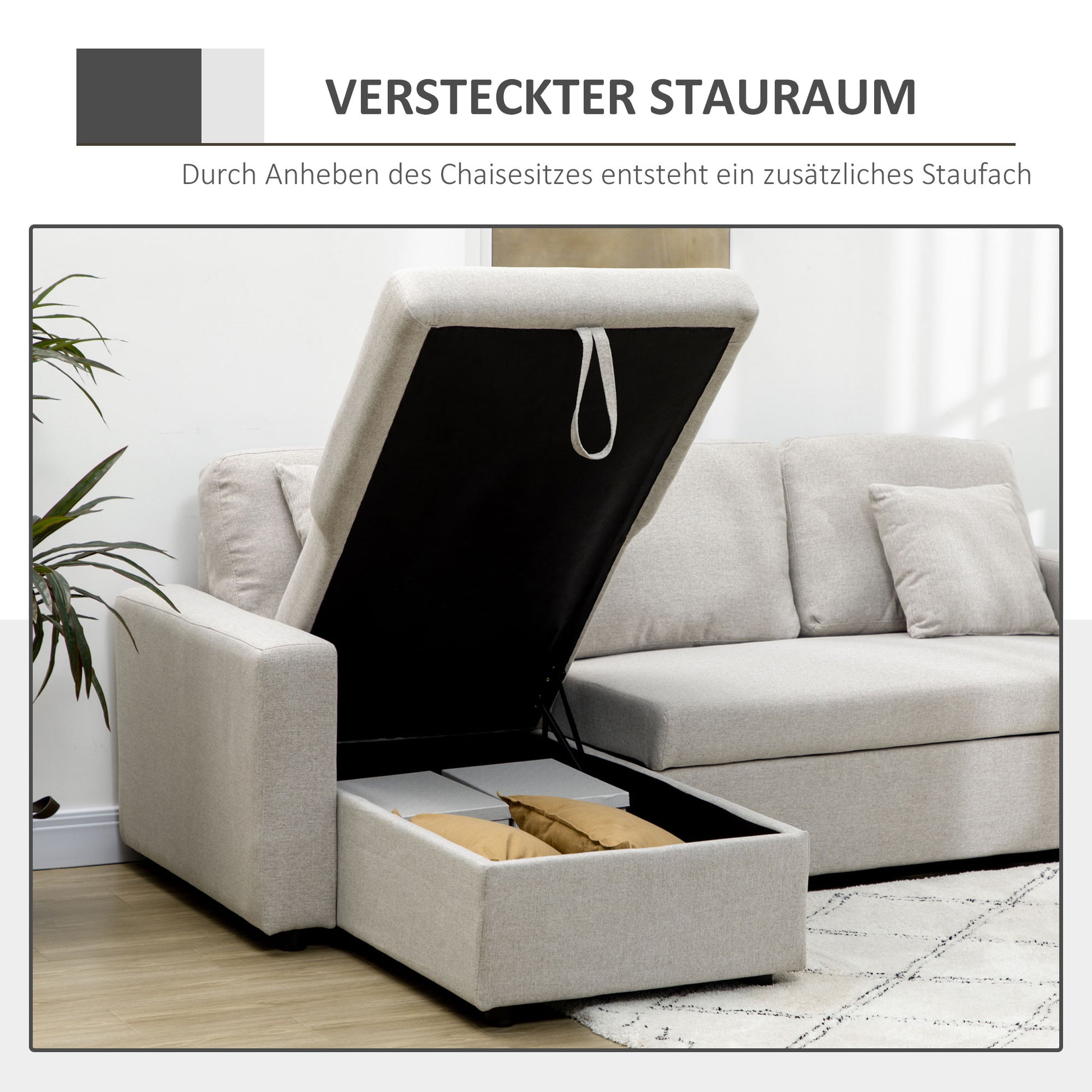 Corner Sofa with Bed Function, L-Shaped Couch including 2-Seater Sofa, Single Bed, L-Form Sleeper Sofa with Storage, 2 Linen-Style Cushions for Cream White Living Room
