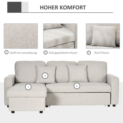 Corner Sofa with Bed Function, L-Shaped Couch including 2-Seater Sofa, Single Bed, L-Form Sleeper Sofa with Storage, 2 Linen-Style Cushions for Cream White Living Room