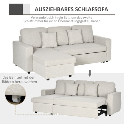 Corner Sofa with Bed Function, L-Shaped Couch including 2-Seater Sofa, Single Bed, L-Form Sleeper Sofa with Storage, 2 Linen-Style Cushions for Cream White Living Room