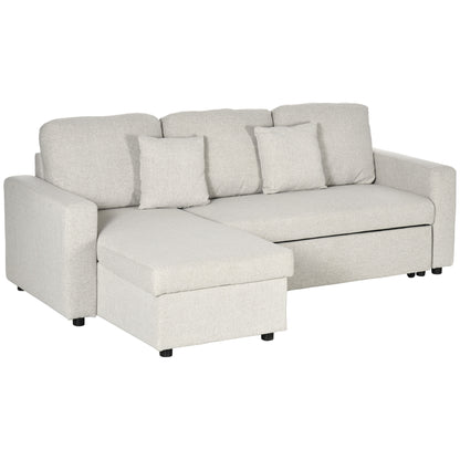 Corner Sofa with Bed Function, L-Shaped Couch including 2-Seater Sofa, Single Bed, L-Form Sleeper Sofa with Storage, 2 Linen-Style Cushions for Cream White Living Room