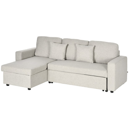 Corner Sofa with Bed Function, L-Shaped Couch including 2-Seater Sofa, Single Bed, L-Form Sleeper Sofa with Storage, 2 Linen-Style Cushions for Cream White Living Room