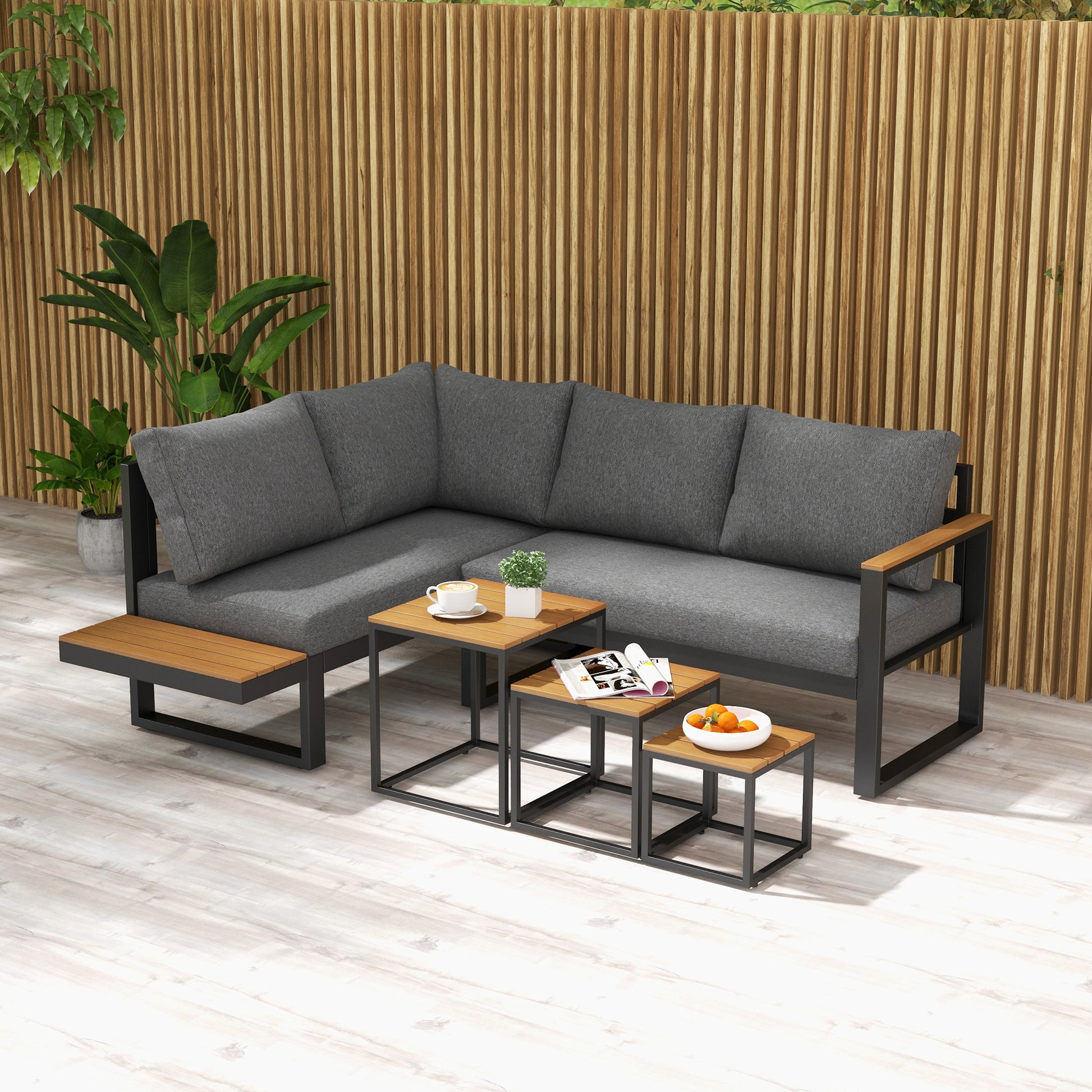 5-Piece Outdoor Furniture Set, Garden Furniture with Corner Sofa, Loveseat, Coffee Table, Balcony Furniture Set with Cushions, Garden Lounge Set for Patio, Balcony, Gray