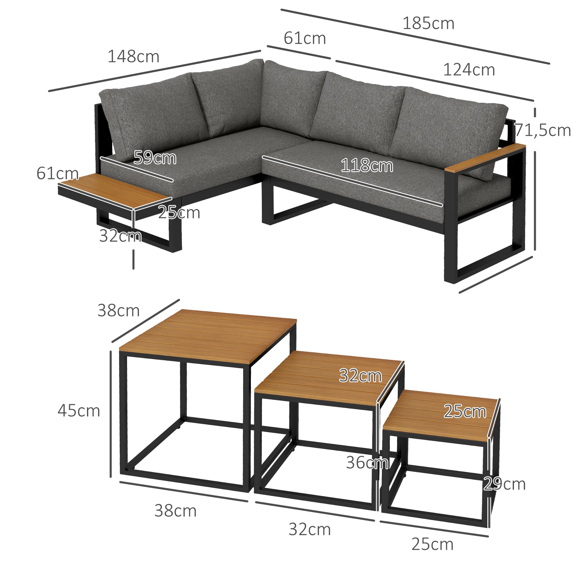 5-Piece Outdoor Furniture Set, Garden Furniture with Corner Sofa, Loveseat, Coffee Table, Balcony Furniture Set with Cushions, Garden Lounge Set for Patio, Balcony, Gray