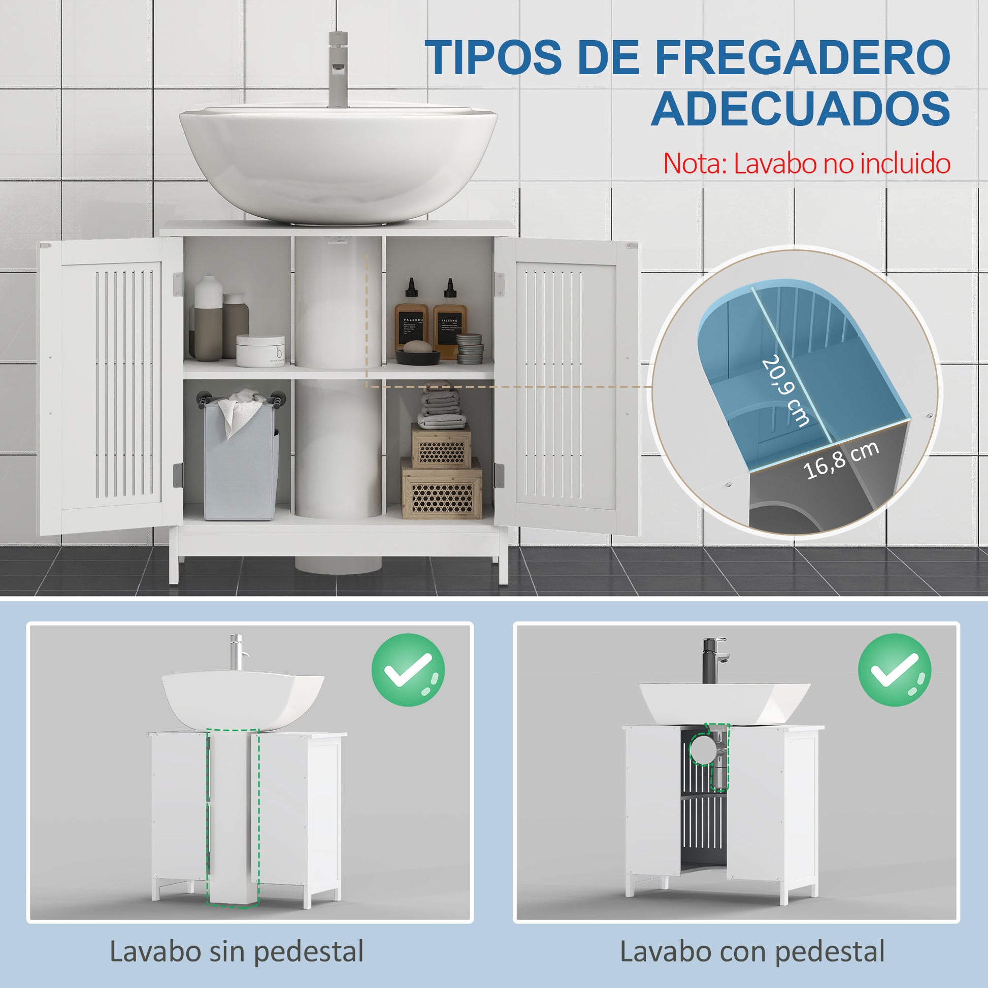 Under Sink Cabinet Bathroom Floor Standing Wooden Cabinet with 2 Ventilated Doors and Adjustable Interior Shelf Modern 60x30x60 cm White