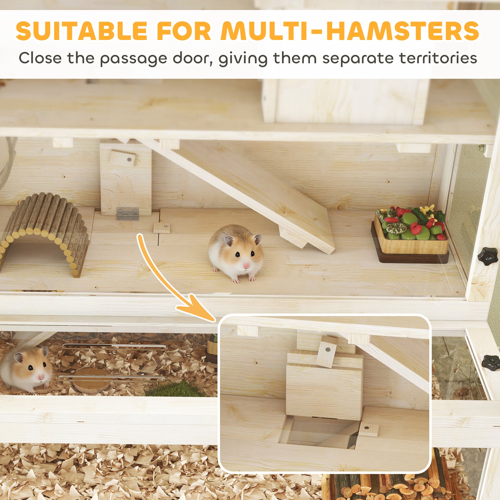 Wooden Hamster Cage, 100 x 50 x 84 cm (39.4 x 19.7 x 33.1 in) – 3-Tier Small Animal Hutch with Viewing Window, Running Wheel, Ramp & House – Natural Wood
