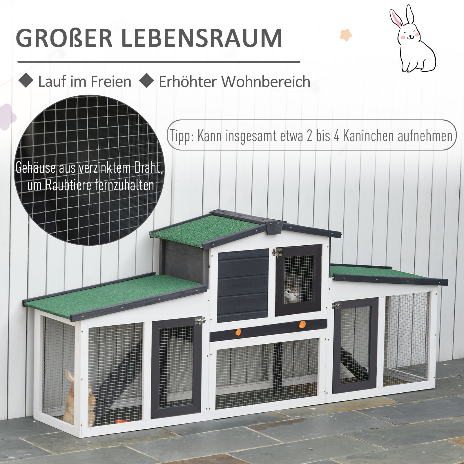 Small Animal Hutch Dwarf Rabbit Hutch Small Animal Cage with Asphalt Roof and Outdoor Run Guinea Pig Hutch Double-Decker Fir Wood Dark Gray+White 204 x 45 x 80 cm