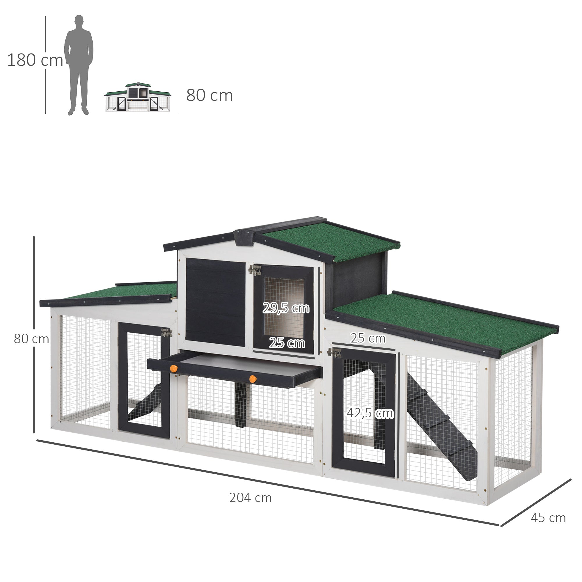 Small Animal Hutch Dwarf Rabbit Hutch Small Animal Cage with Asphalt Roof and Outdoor Run Guinea Pig Hutch Double-Decker Fir Wood Dark Gray+White 204 x 45 x 80 cm