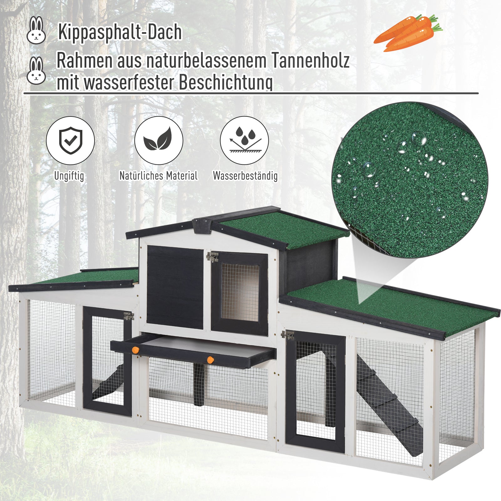 Small Animal Hutch Dwarf Rabbit Hutch Small Animal Cage with Asphalt Roof and Outdoor Run Guinea Pig Hutch Double-Decker Fir Wood Dark Gray+White 204 x 45 x 80 cm