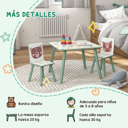 ZONEKIZ 3-Piece Children's Table and Chairs Set Kids Table with 2 Chairs Furniture Set for Activities for Children 3-8 Years for Bedroom Playroom Green and White