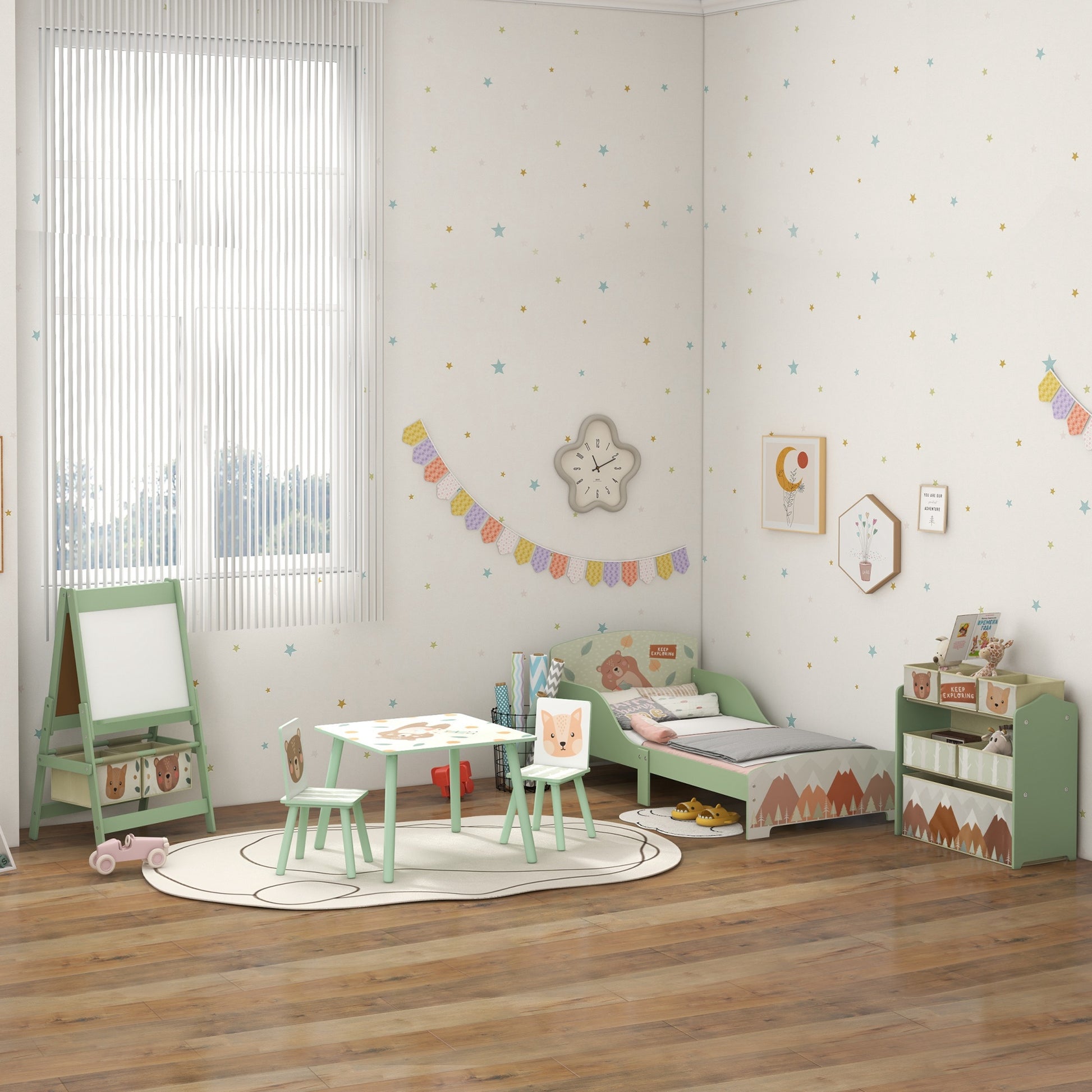 ZONEKIZ 3-Piece Children's Table and Chairs Set Kids Table with 2 Chairs Furniture Set for Activities for Children 3-8 Years for Bedroom Playroom Green and White